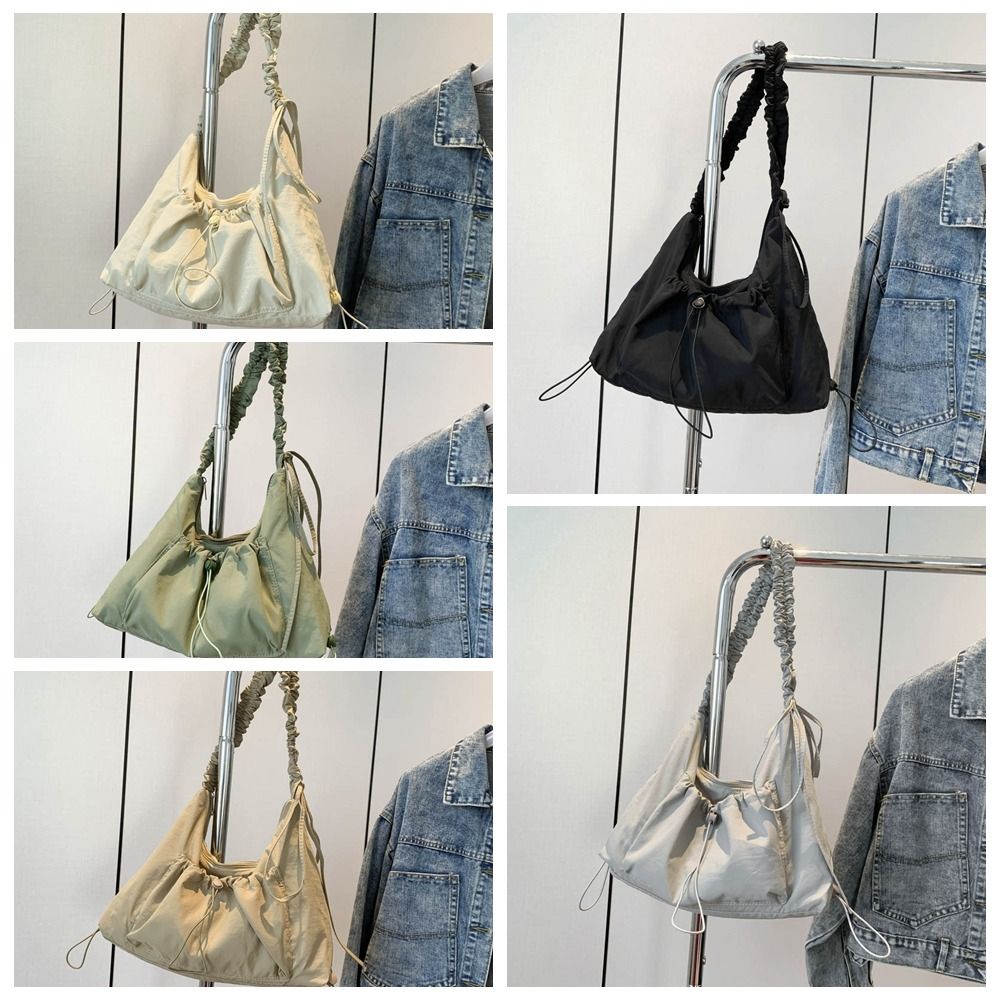 Solid Color Drawstring Tote Bag Lightweight Large Capacity Nylon Crossbody Bag Korean Style Elastic Rope Pleated Shoulder Bag