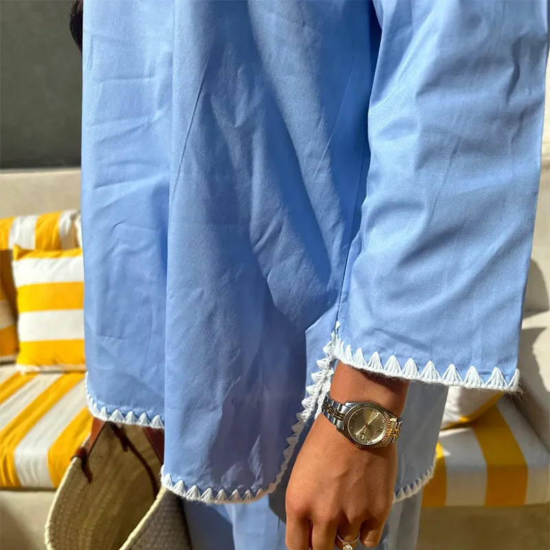 Embroidered Hemmed Shirt Women Two Pieces Sets Fashion Loose High Waist Long Pants Suit Spring Summer Female Vacation Outfits 240403