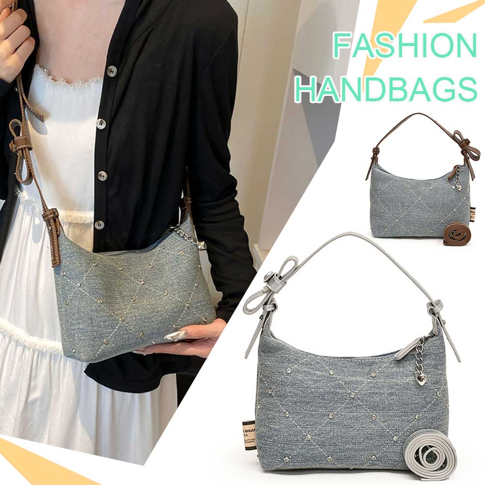 Women Vintage Satchel Bag Adjustable Strap Denim Rivet Armpit Handbag Large Capacity Luxury Underarm Bag Female Dating Bag