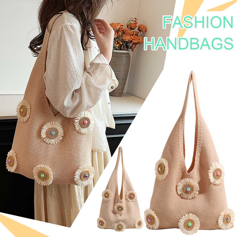 Women Knitted Tote Handbag Hollow Out Flower Knitting Shopping Handbag Large Capacity Simple Underarm Bag Female Outdoor Bag