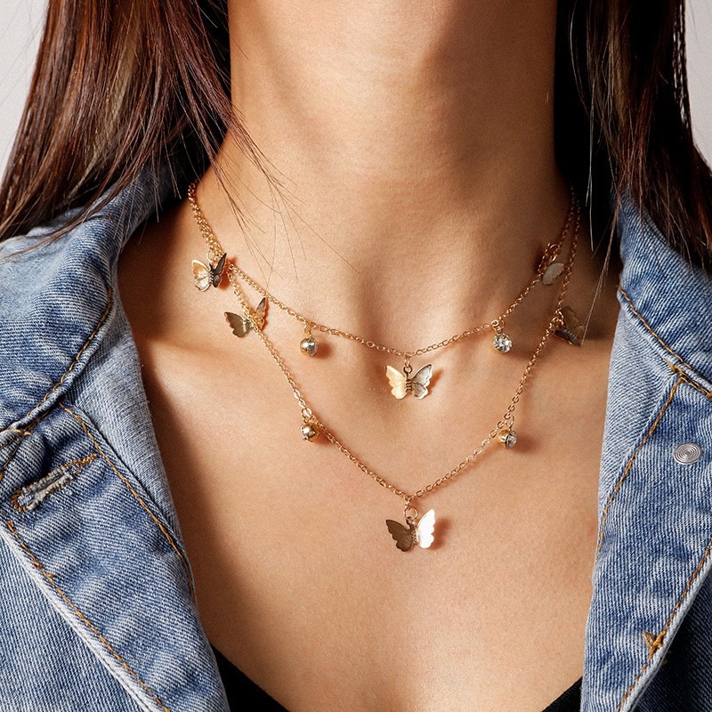 European and American Geometric Vacation Style Butterfly Necklace Women's Cross-border Fashion Simple Pendant Jewelry Copper Bead Pendant Multi-l