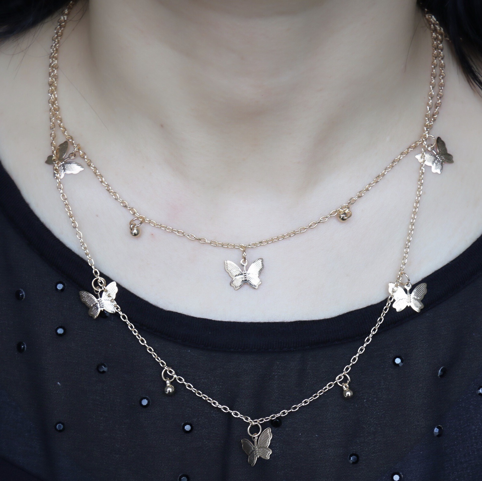 European and American Geometric Vacation Style Butterfly Necklace Women's Cross-border Fashion Simple Pendant Jewelry Copper Bead Pendant Multi-l