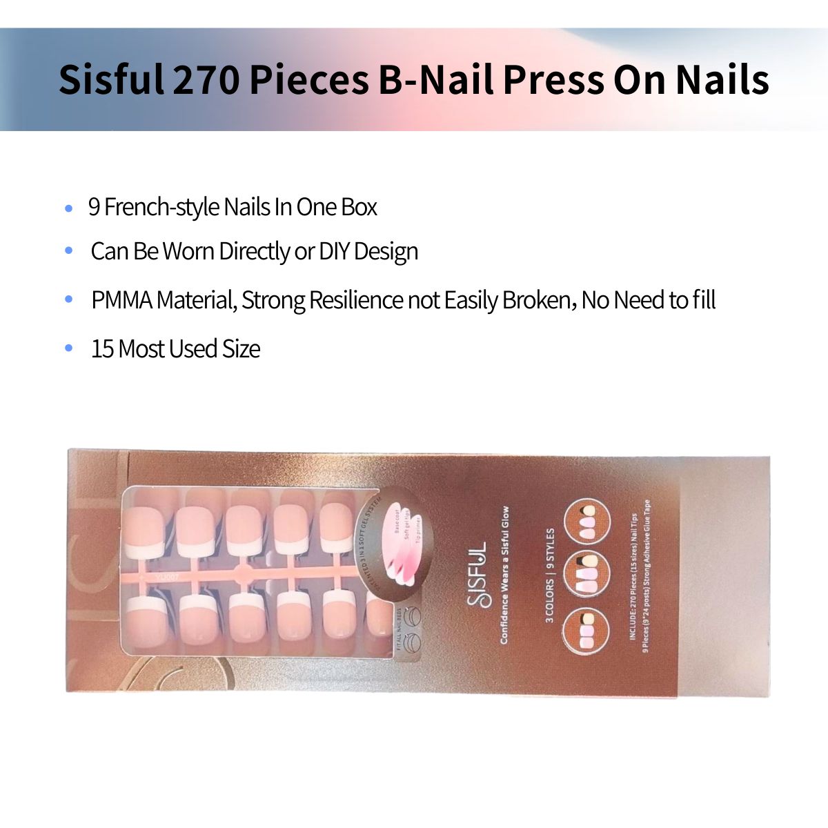 Sisful 270 Pieces B-Nail Frence Tip Press On Nails Kit with Jelly Glue Taps, Medium Coffin, Medium Almond, Short Square