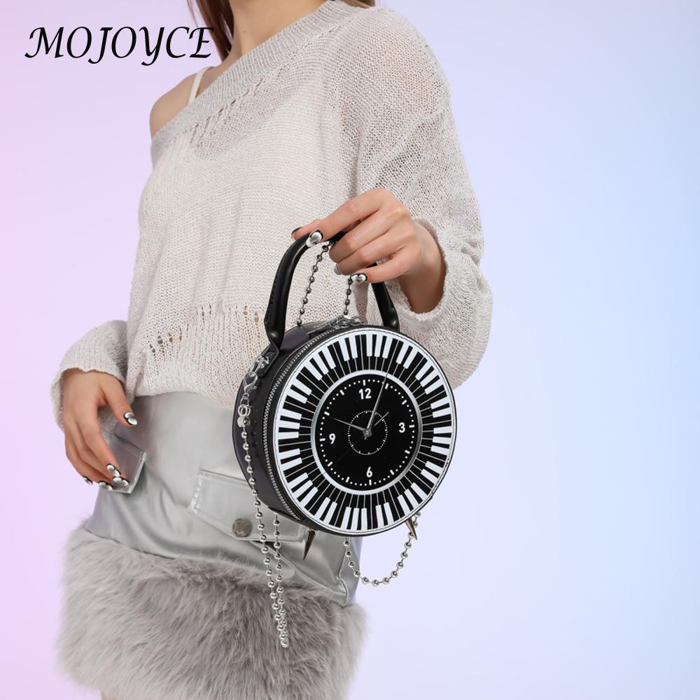 Women PU Creative Round Clock Bag Chain Strap Retro Clock Dial Handbag Black White Piano Clock Shoulder Purse Top Handle Bag