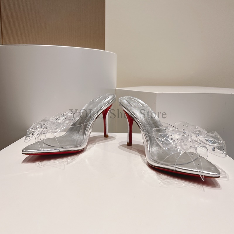Clear Bowknot Rhie Women's Slippers Pointy Sense Of Classic Sweet Mules Sexy Stiletto Heels Party Dress Sheepskin TPU New