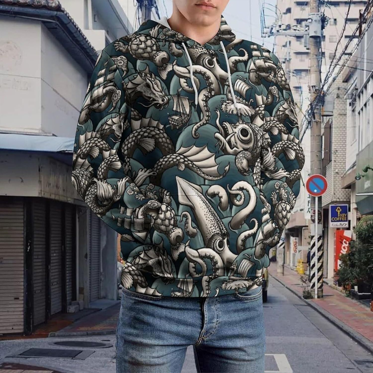 Hoodie for Mens Womens Sea Monsters Hoodies for Men 3D Print Pullover Hooded Drawstring Loose Sweatshirt with Big Pockets Graphic