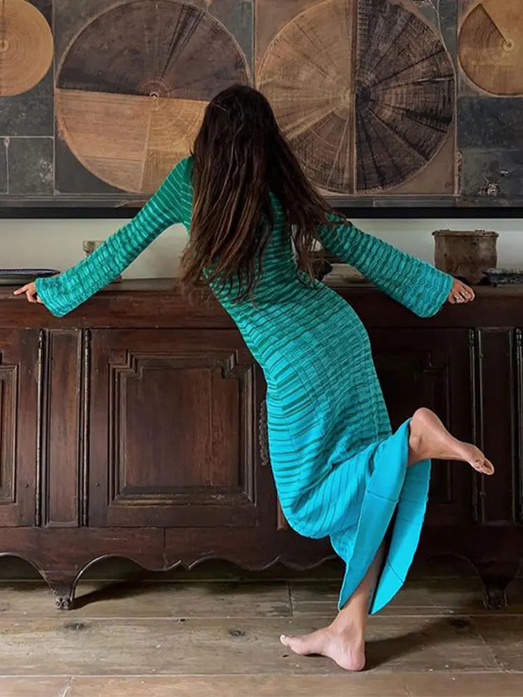 Fashion O-neck Flared Sleeve Knitted Long Dress Womens Casual Elegant Maxi Vestidos Vacation Party Club Evening Robes 240319