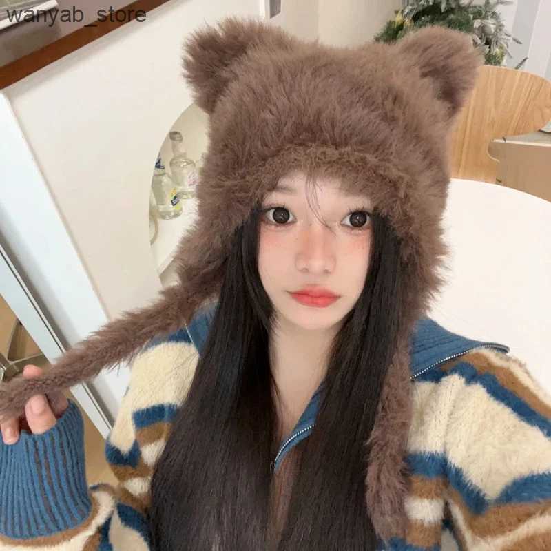 Beanie/Skull Caps Halloween Winter Plush Cute Cat Ears Beanies Women Pullover Hats Korean Ear Protection Strap Beanies Hat with Earflap Y2k Girl L2409