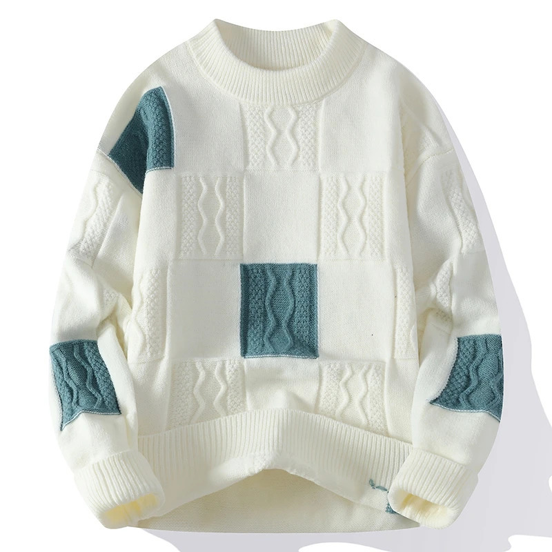 Winter Warm Casual Pullover Sweater Colorblock Hip-hop Men Streetwear Crewneck Knitted Fashion Autumn Knitwear Jumper 241108