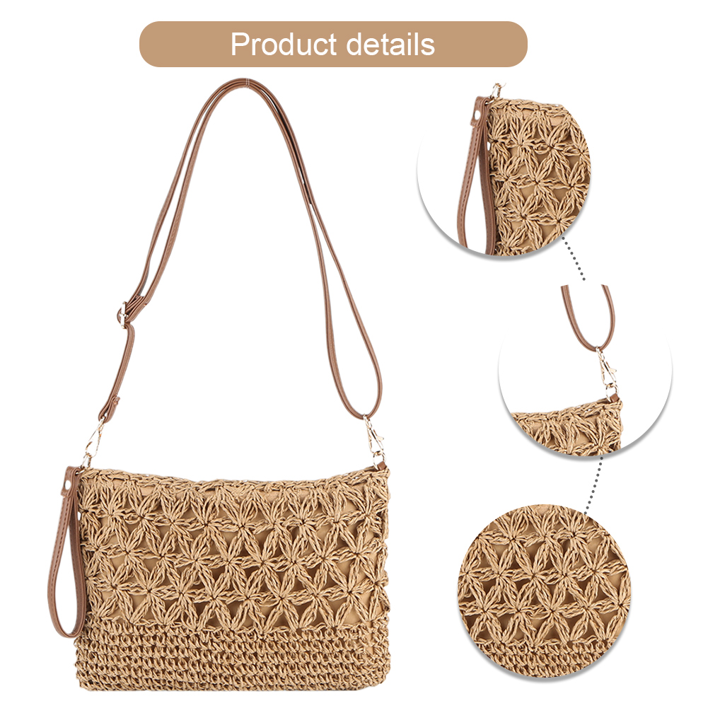 Straw Woven Summer Shoulder Bag Detachable Shoulder Strap Women Clutch Purse Zipper Handbag for Beach Travel Vacation