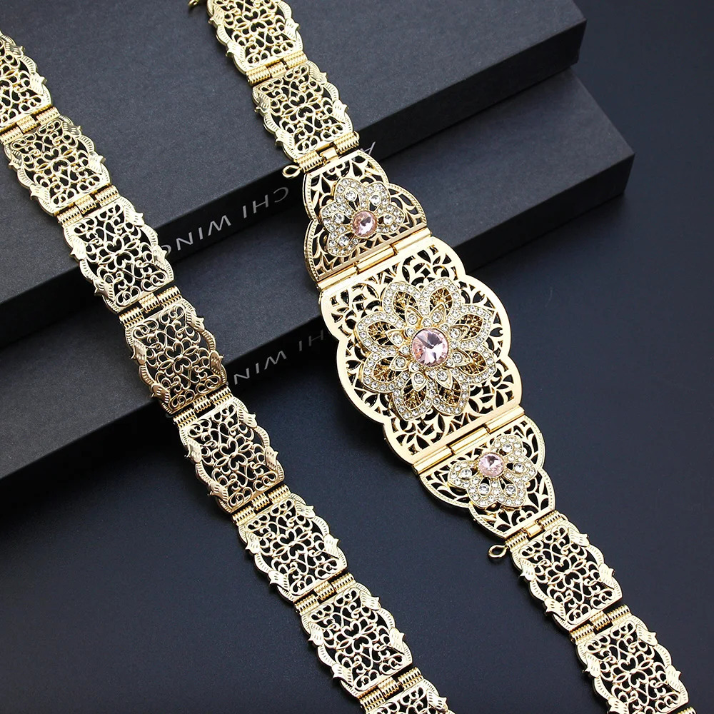 Sunspicems Moroccan Caftan Belt Natural Stone Necklace for Women Arabian Bride Wedding Jewelry Body Chain Gold Color Waist 240401