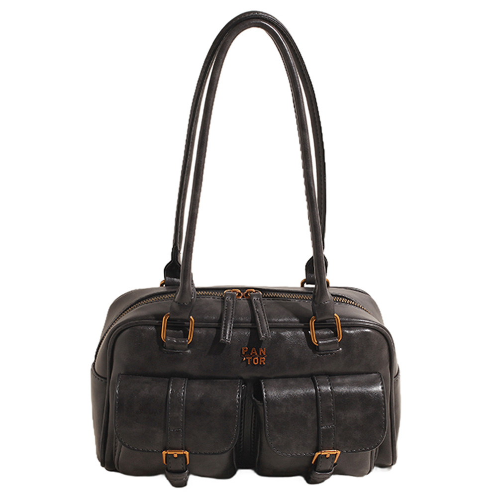 Boston Tote Bag for Women with Multi-Pockets Handbag PU Leather Vintage Solid Clutch Purse for Travel Work