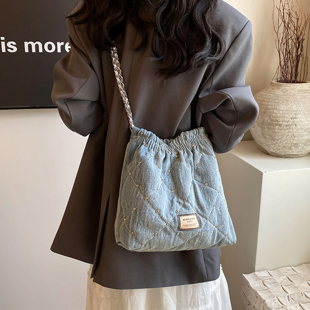 Women Rivet Shoulder Bag Large Capacity Denim Bucket Crossbody Bag Luxury Tote Bag Ladies Outdoor Bag