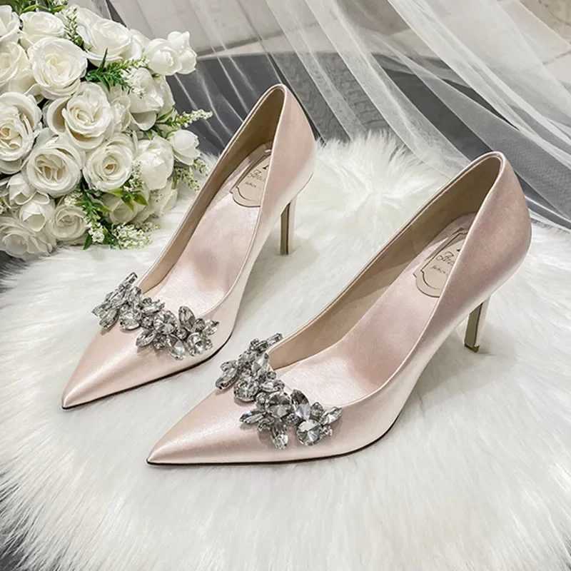 New white champagne bridal wedding shoes synthetic silk satin Rhine crystal shallow pump fine high heels Y250319