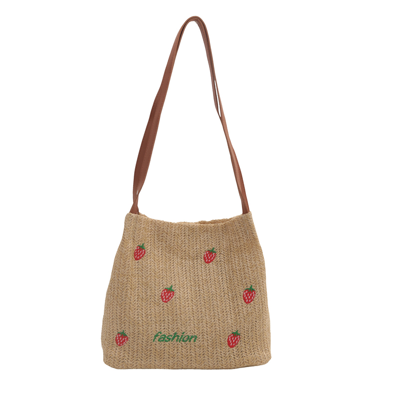 Women Straw Woven Fashion Shoulder Bag Large Capacity Summer Beach Bags Strawberry Pattern Trendy Braided Bag Chic Hobo Bag