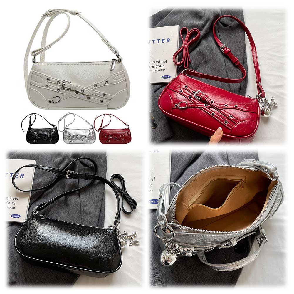 Women PU Fashion Shoulder Bag Adjustable Strap Cool Style Crescent Bag Zipper Closure Punk Style Hobo Bag Stylish Satchel Bag