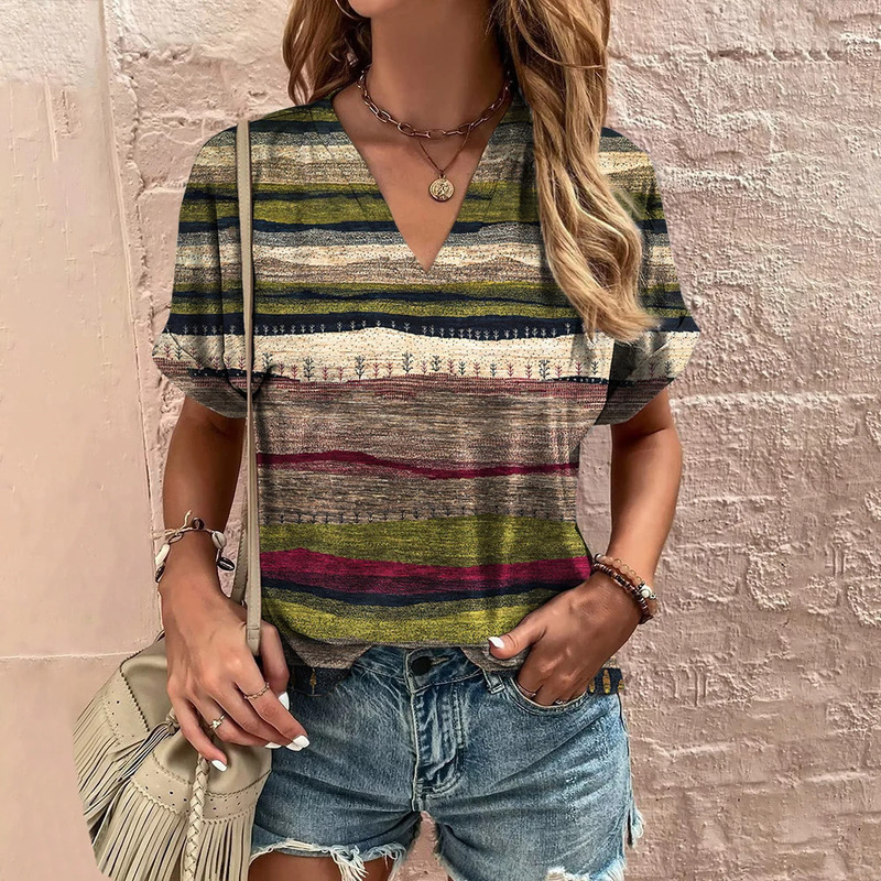 2025retro Women's T-shirt Summer V-neck Short Sleeve Tee Casual Haruku Stripe Print T Shirt For Women Streetwear Pullover Tops New