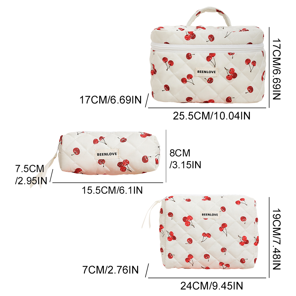3pcs/set Quilted Cotton Storage Bag Cherry/Heart Pattern Women Aesthetic Cosmetic Clutch Bags Japanese Sweet Travel Makeup Pouch
