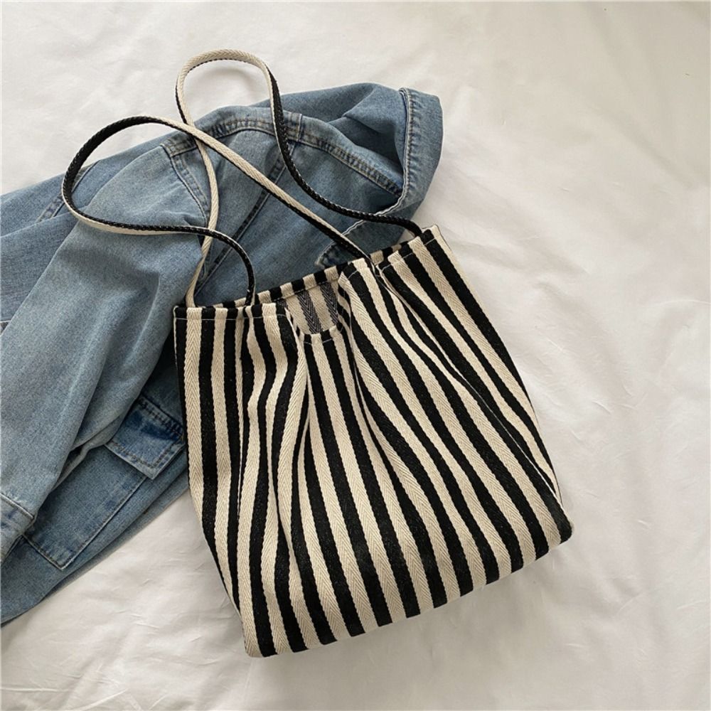 Fashion Retro Vertical Stripe Bag Tote Daily Canvas Shoulder Bag Leisure Simple Commute Handbag Girls