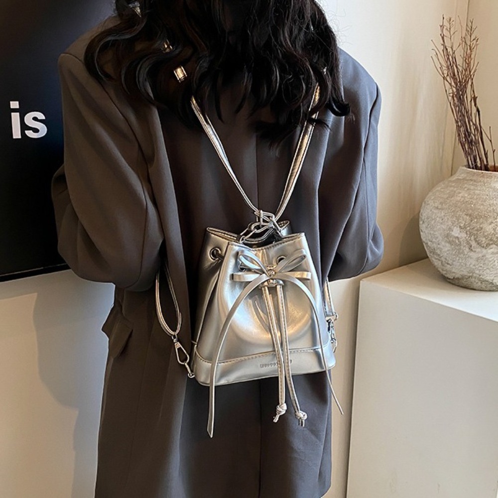 Portable Preppy PU Bowknot Backpack Solid Color Large Capacity Students Backpack Casual Sweet Shoulder Bag Unisex