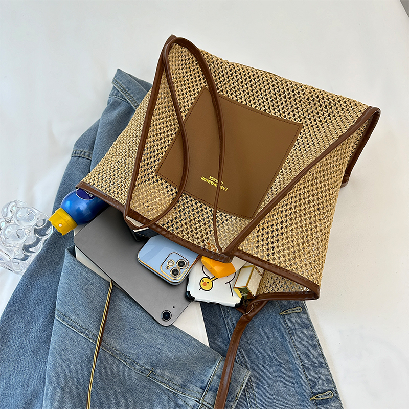 Women Straw Woven Tote Bag Simple Shoulder Purse Large Capacity Mesh Weaving Handbag Hollow Out Handbags Outdoor Travel Bag