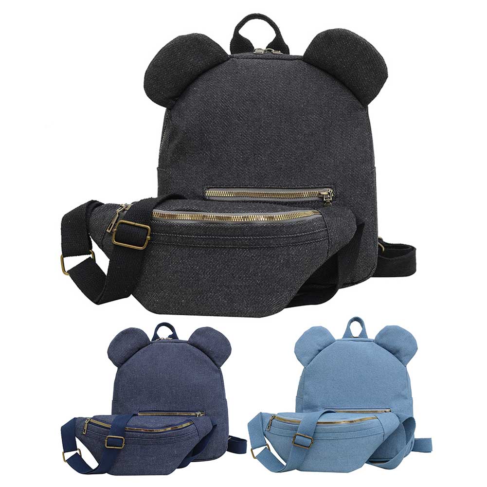 Canvas with Waist Bag Shoulder Bag Bear Ear Backpack for Women Adjustable Strap Book Bag Knapsack Travel Shopping Rucksack