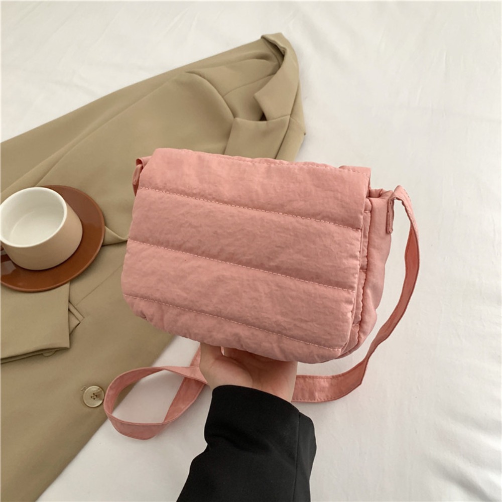 Small Quilted Cotton Shoulder Bag Nylon Wide Straps Puffer Tote Bag Flip Up Solid Color Puffy Handbag School
