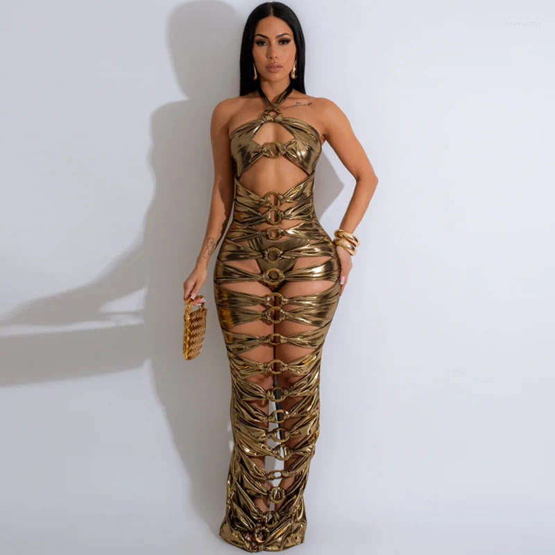 Casual Dresses Metallic Party Night Long Dress Women Y2K Clubwear Halter Backless Hollow Out Sheath Metal Ring Bandage Bodycon Maxi
