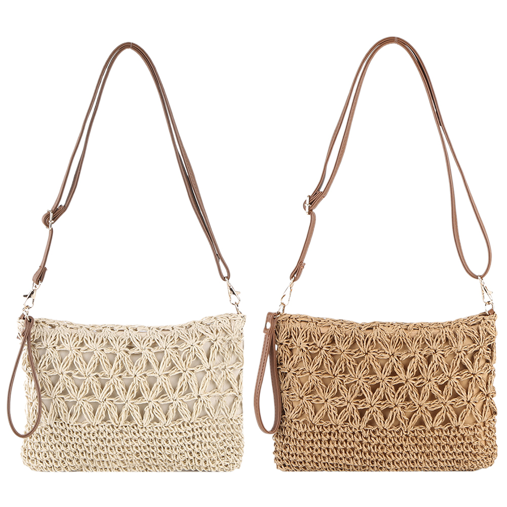 Straw Woven Summer Shoulder Bag Detachable Shoulder Strap Women Clutch Purse Zipper Handbag for Beach Travel Vacation