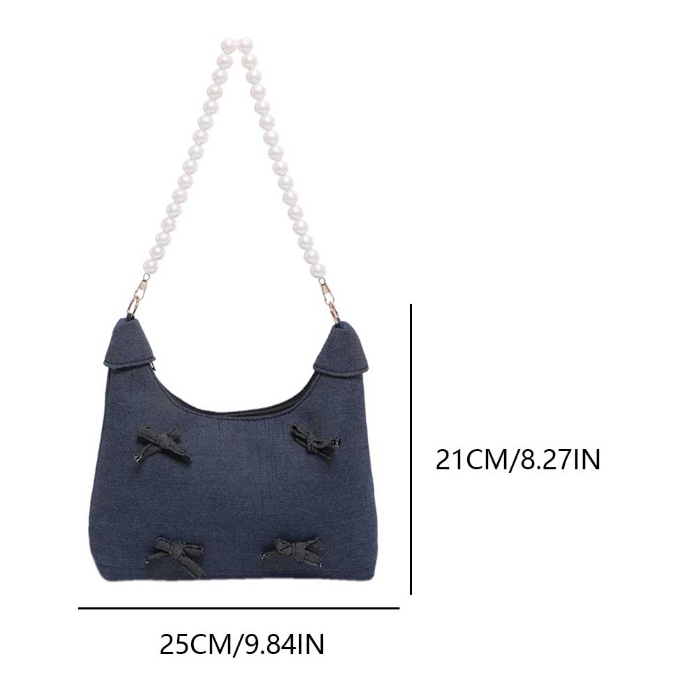 Denim Shoulder Bag Bowknot Women Crescent Bag Pearl Decor Chain Strap Tote Purse for Work Travel