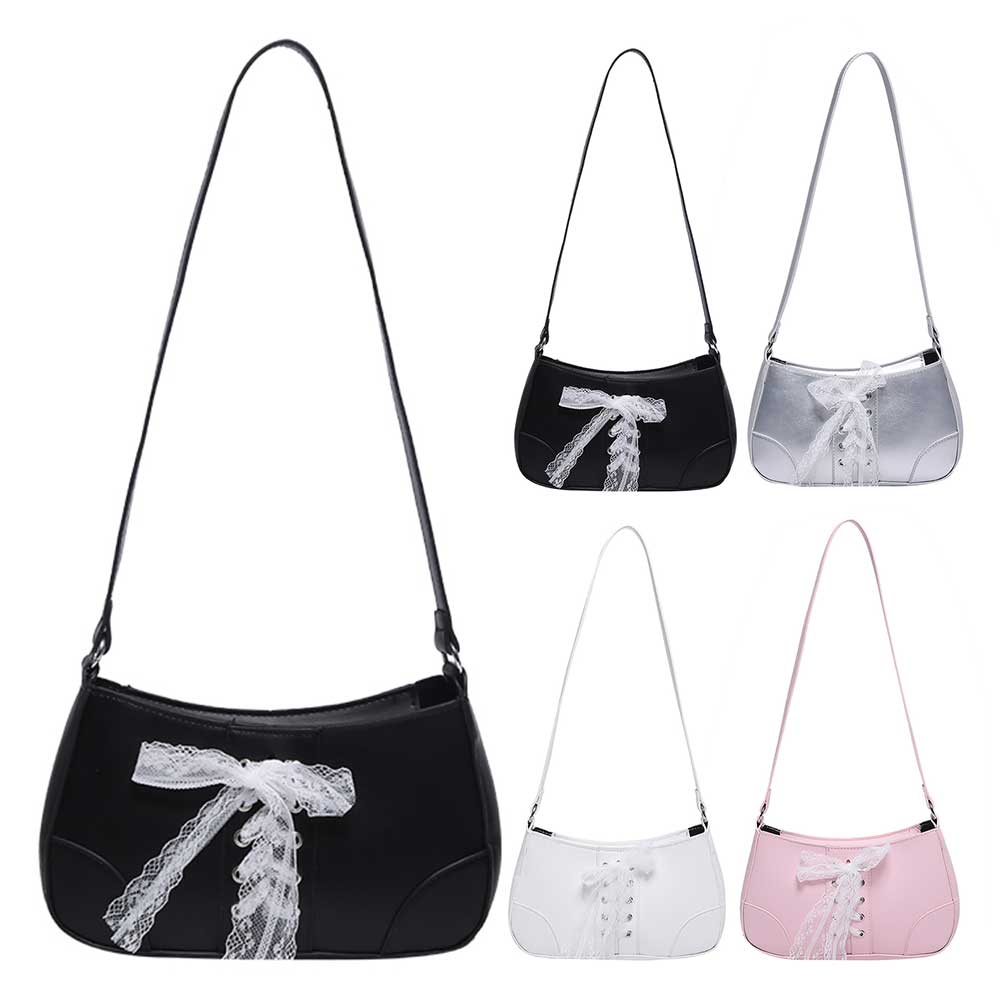 Women Simple Bow Shoulder Purse with Lace Band PU Underarm Bag Fashion Shoulder Bag Trendy Tote Handbag Outdoor Travel Bag