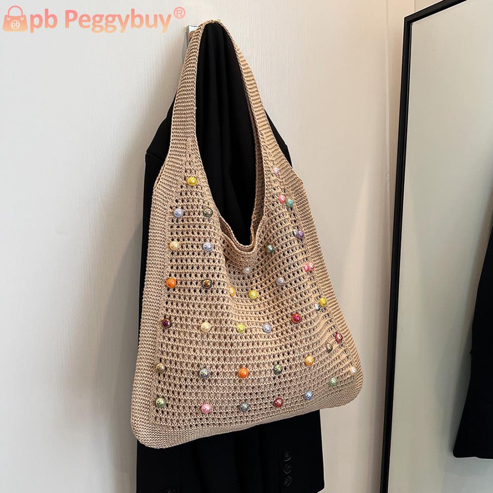 Women Crochet Shoulder Bag Knitted Tote Bag Large Capacity Fashion Tote Handbags with Colorful Pearls Outdoor Travel Bag