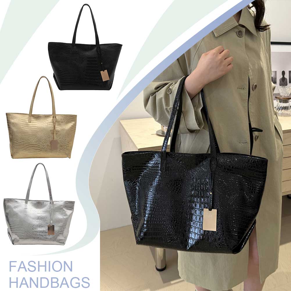 Women PU Crocodile Print Handbag Large Capacity Stylish Shoulder Purse Solid Color Crocodile Pattern Tote Bag Chic Hobo Bag