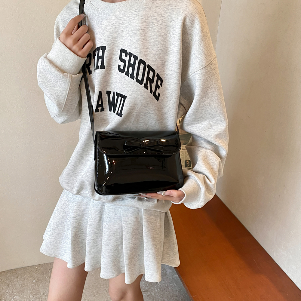 Patent Leather Women Handbag Bowknot Satchel Purse Adjustable Strap Square Flap Bag Retro Underarm Bag Travel Bag