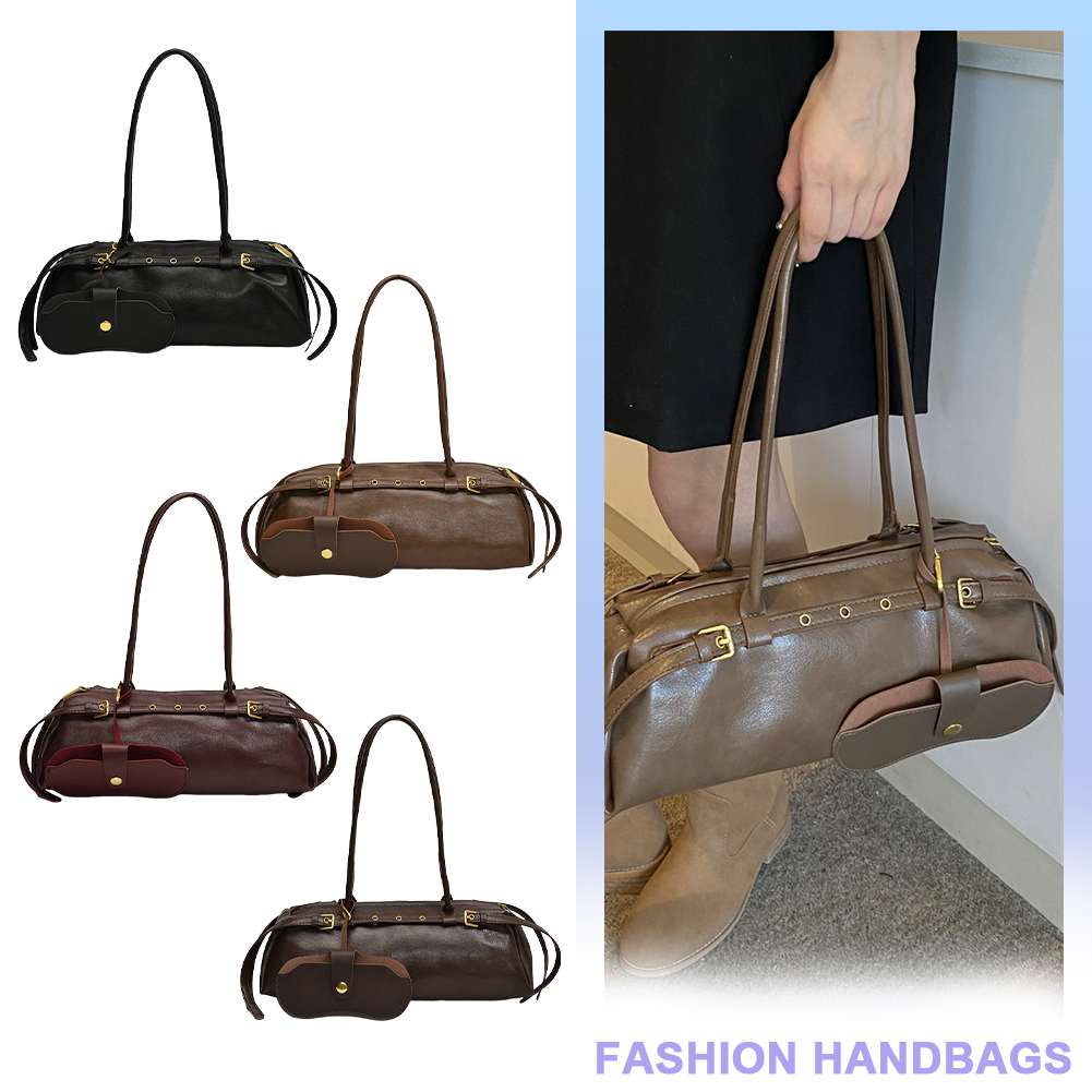 Boston Handbag for Women Solid Shoulder Bag PU Leather Casual Underarm Bag Retro Tote Bag Commuter Bag