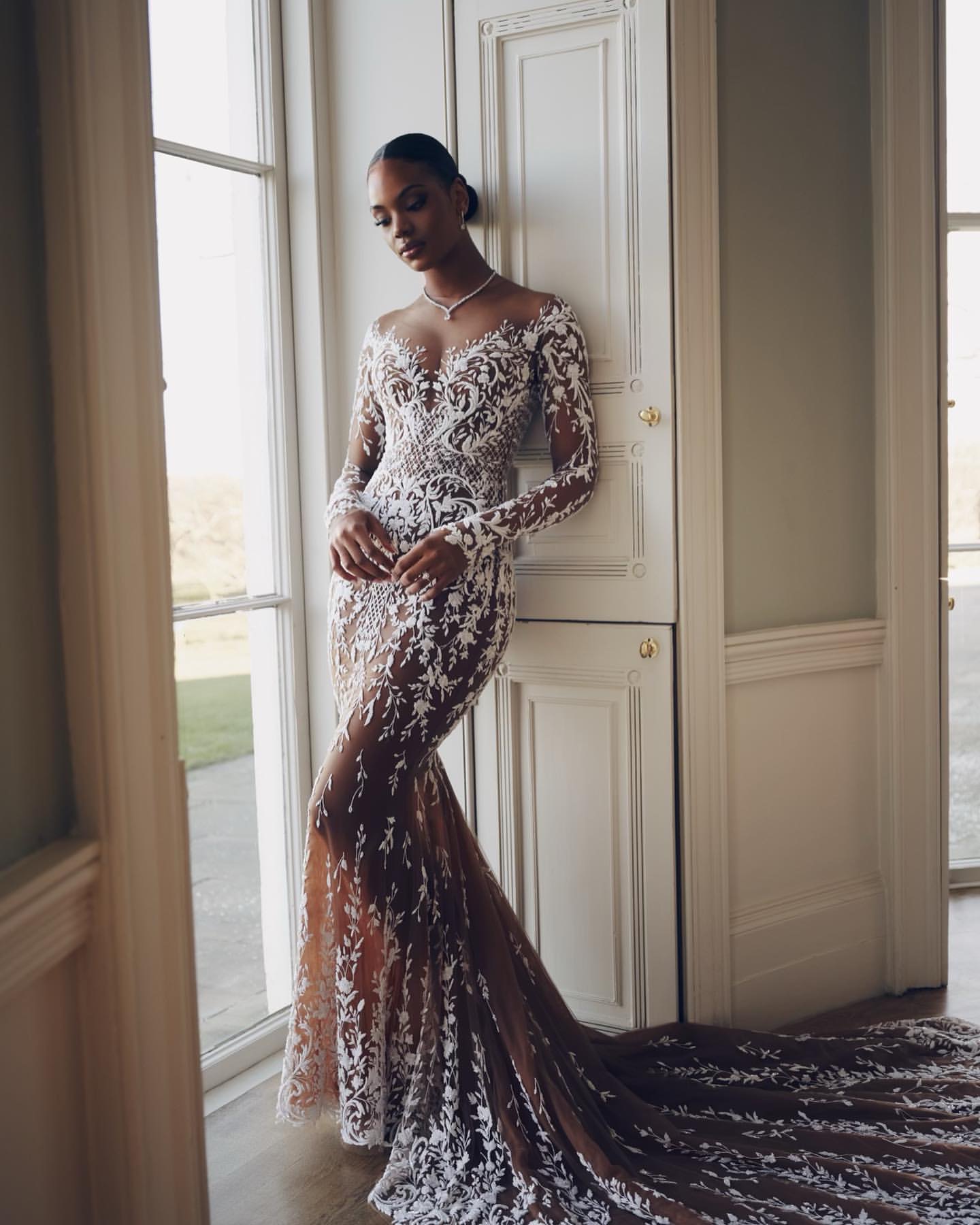 Chart Mermaid Stunning Wedding Dress Tan Illusion Long Sleeves Fulllace Wedding Dresses Bridal Gowns Sweep Train Lacefull Designer Bride Dress es