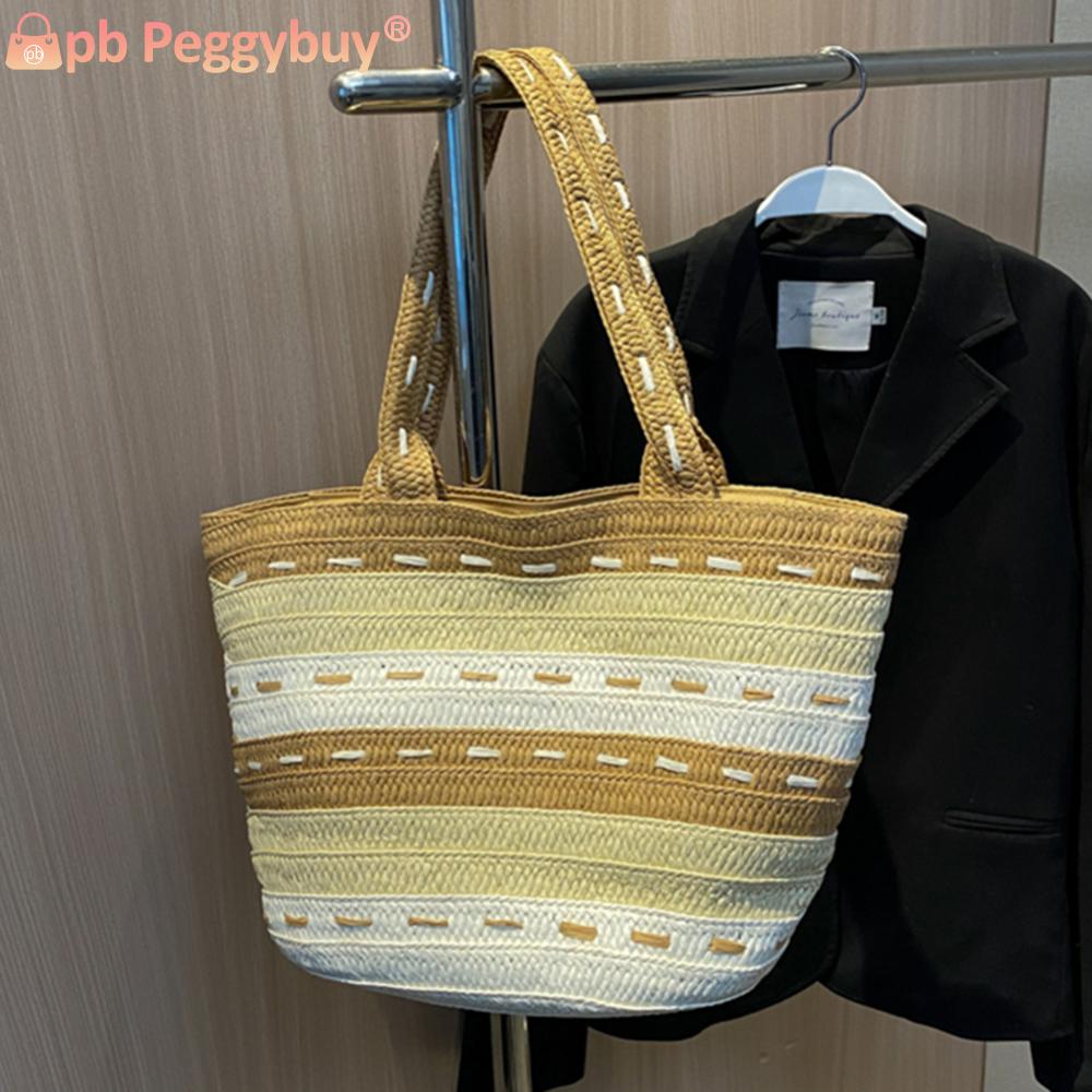 Lady Summer Top-Handle Bags Fashion Handmade Simple Large Capacity Hand-Woven Handbags Contrast Color Casual Tote Purses