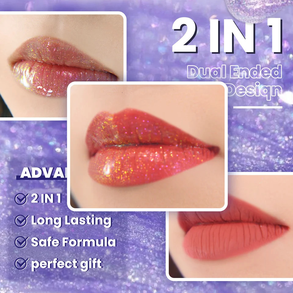 CHARMACY 2-in-1 Sparkling Lip Gloss Long lasting Two tone Lip Gel 8-color Female Makeup 241107