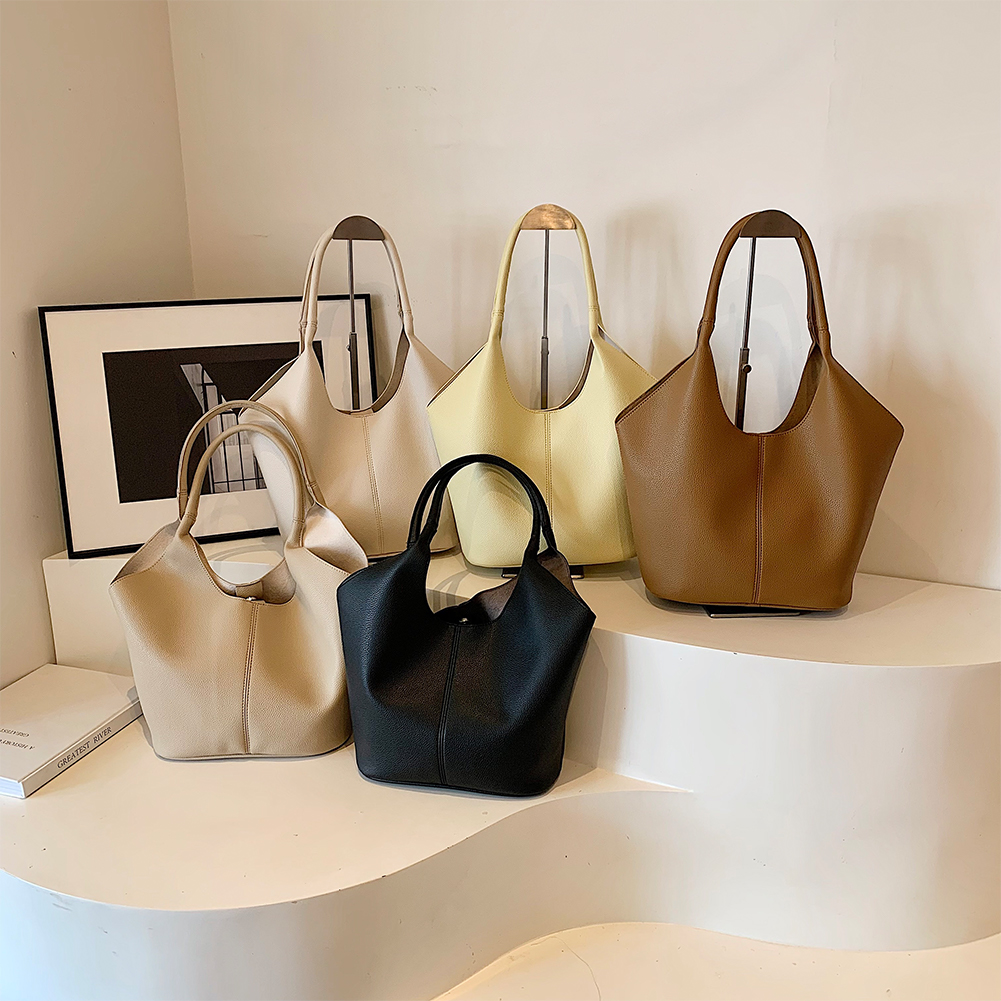 Women PU Tote Bag Vegan Leather Bucket Bag Large Capacity Trendy Commuting Bag Solid Color Fashion Shoulder Bag Chic Hobo Bag