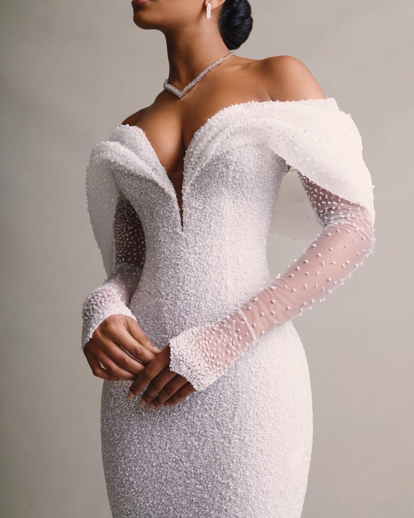 Beaded Mermaid Wedding Dress with Off-Shoulder Sleeves & Sweep Train - 2025 Bridal Gown