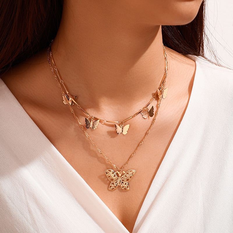 Coldness Wind Internet Celebrity Instagram New Necklace Bohemian Fashion Sexy Size Butterfly Pendant Double-layer Necklace for Women