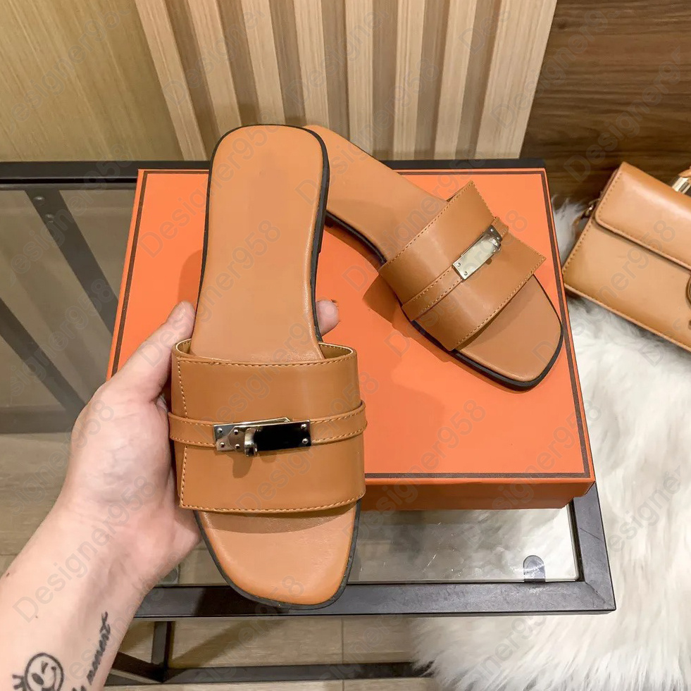 Luxury beach slippers real leather sandal designer summer flat sliders spring sandals womens ladies classic outdoor shoes