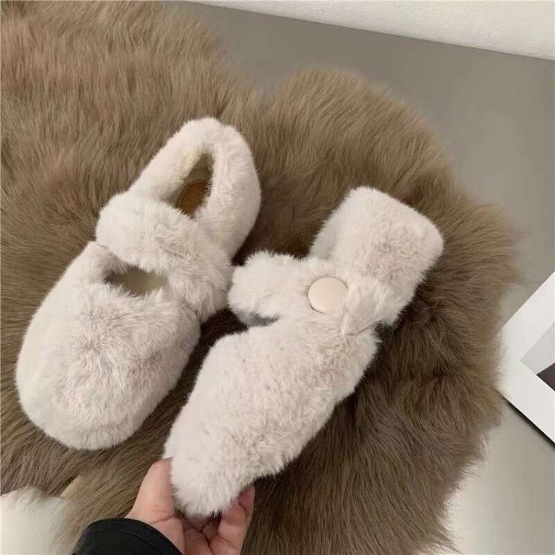 New Fashion Women's Winter Fur Flat Shoes Warm Plush Mary Jane Casual Ballet Shoes Outdoor Round Toe Shallow Footwear