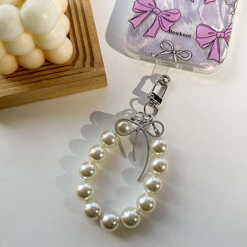 Cute Bow Pearl Ring Keychain Pendant Sweet Pearl Mobile Phone Chain Backpack Decoration Accessories