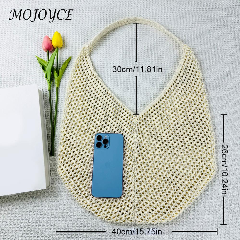 Women Crochet Tote Bag Mesh Shoulder Bag Solid Knit Bag Large Capacity Handbag for Vacation Travel Shopping