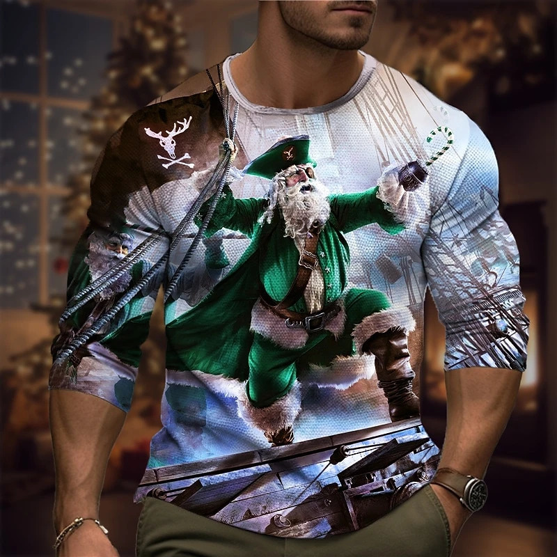 Interesting pirate Santa Claus graphic T-shirt fashion trend mens 3D printed Christmas long sleeved T-shirt personalized loose T-shirt 241108
