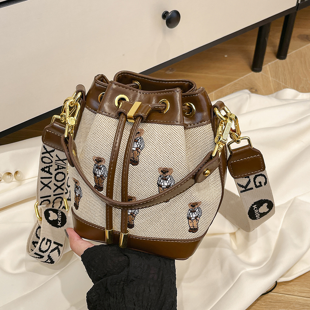 Bucket Bag for Women Drawstring Top Handle Handbag Embroidered Removable Strap Tote Handbag Commuter Travel Bag