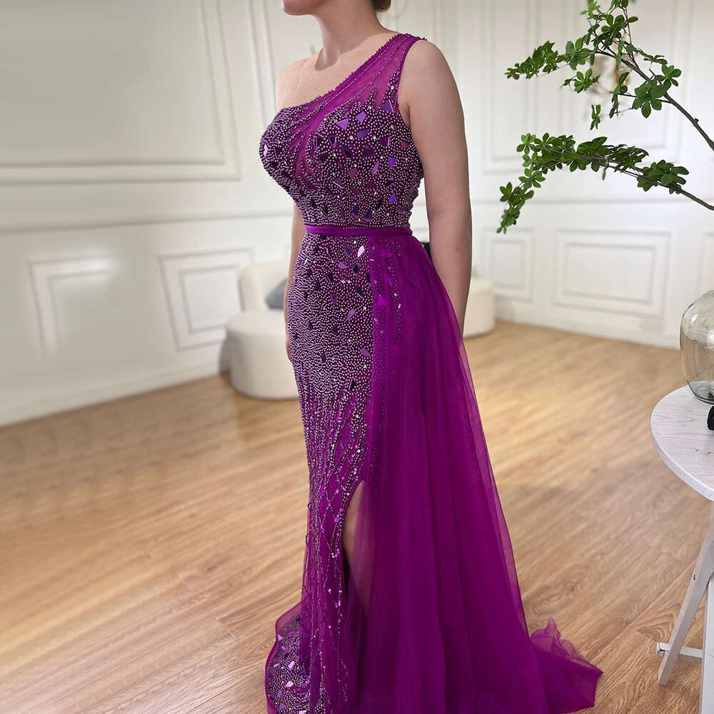 Purple Serene Hill One Shoulder High Split Beaded Evening Dresses Gowns For Formal Ocn LA Customized Mal