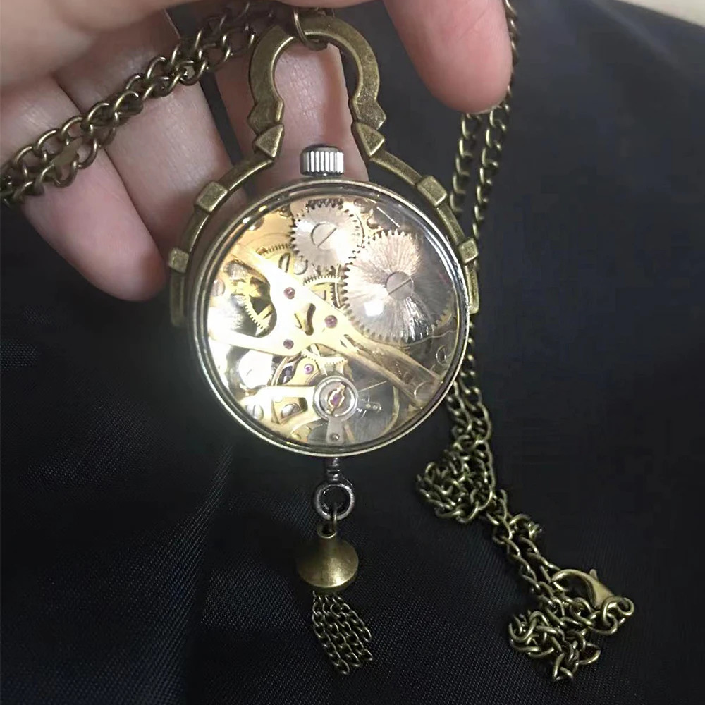 Transparent mechanical pocket watch with chain Roman numeral pendant necklace for womens watch mens gift 241108CJ