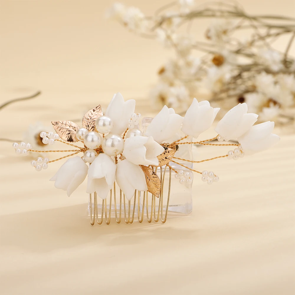 Flower Rhinestone Bridal Gold Hair Comb Pearl Leaves Women Wedding Head Jewelry Accessories Sier ddmysmile Handmade Headpiece For Bride Smile